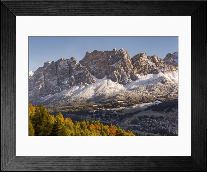Framed Print : Cortina d Ampezzo and mount Pomagagnon with the first snow, Belluno district Framed Print : Cortina d Ampezzo and mount Pomagagnon with the first snow, Belluno district