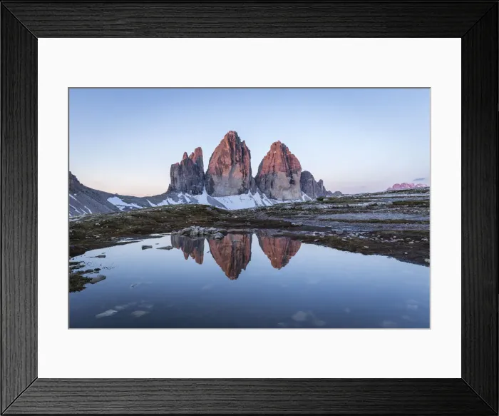 Framed Print : Sunrise of the Three Peaks reflected in a puddle, Natural Park Three Peaks, Sesto Pusteria Framed Print : Sunrise of the Three Peaks reflected in a puddle, Natural Park Three Peaks, Sesto Pusteria