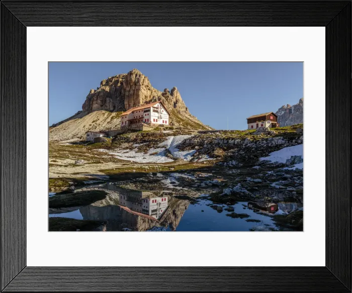 Framed Print : Locatelli refuge reflected in a puddle, Natural Park Three Peaks, Sesto Pusteria Framed Print : Locatelli refuge reflected in a puddle, Natural Park Three Peaks, Sesto Pusteria