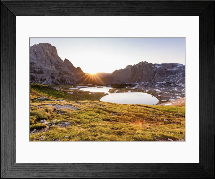 Framed Print : Sunrise at the Lakes of the Plans, Natural Park Three Peaks, Sesto Pusteria, Bolzano