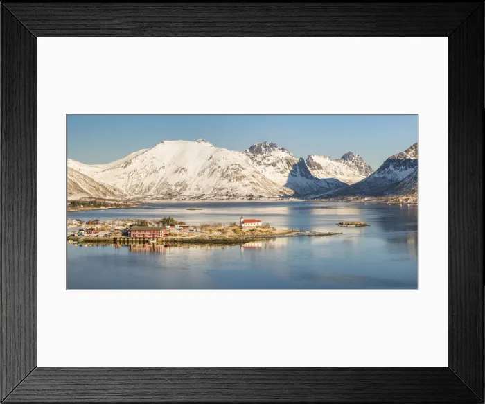 Framed Print : Sildpollneset peninsula with its church and snowcapped mountains in the background Framed Print : Sildpollneset peninsula with its church and snowcapped mountains in the background