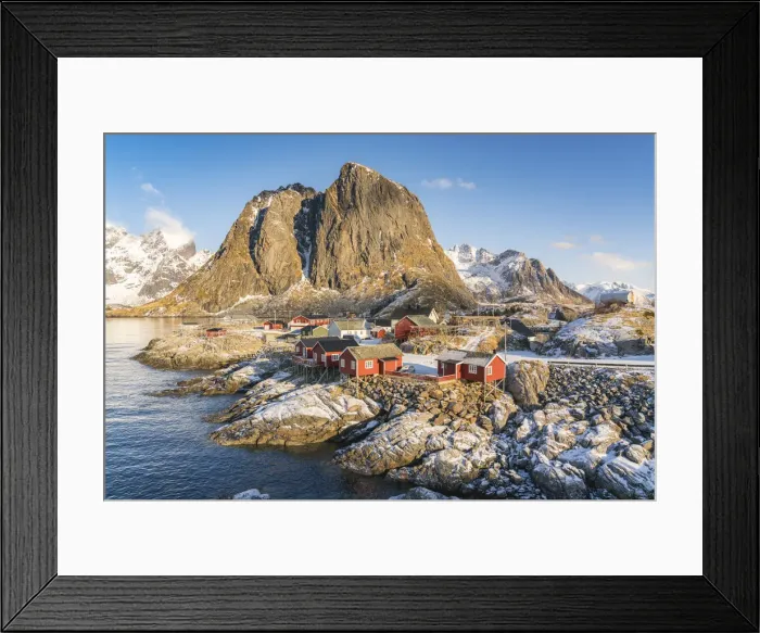Framed Print : The fishing village with its traditional rorbus in the winter morning