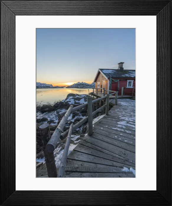 Framed Print : Typical fishermen red house on the sea at dawn in winter. Svolvaer, Nordland county Framed Print : Typical fishermen red house on the sea at dawn in winter. Svolvaer, Nordland county
