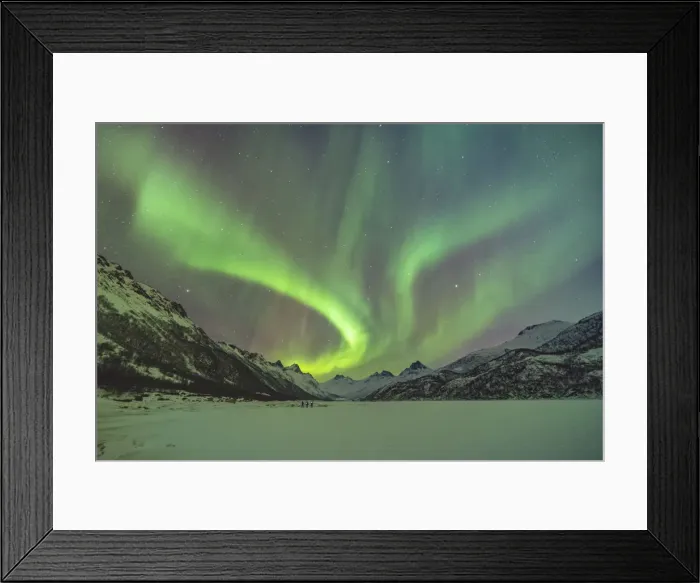 Framed Print : Northern lights with mountains and three people in winter. Kleppstad, Nordland county Framed Print : Northern lights with mountains and three people in winter. Kleppstad, Nordland county