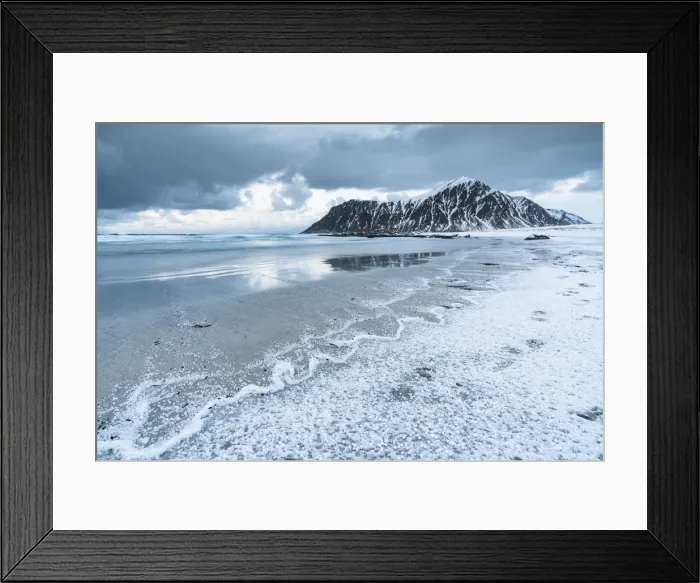 Framed Print : Skagsanden beach after a hailstorm at sunset, Flakstad, Nordland county, Northern Norway Framed Print : Skagsanden beach after a hailstorm at sunset, Flakstad, Nordland county, Northern Norway