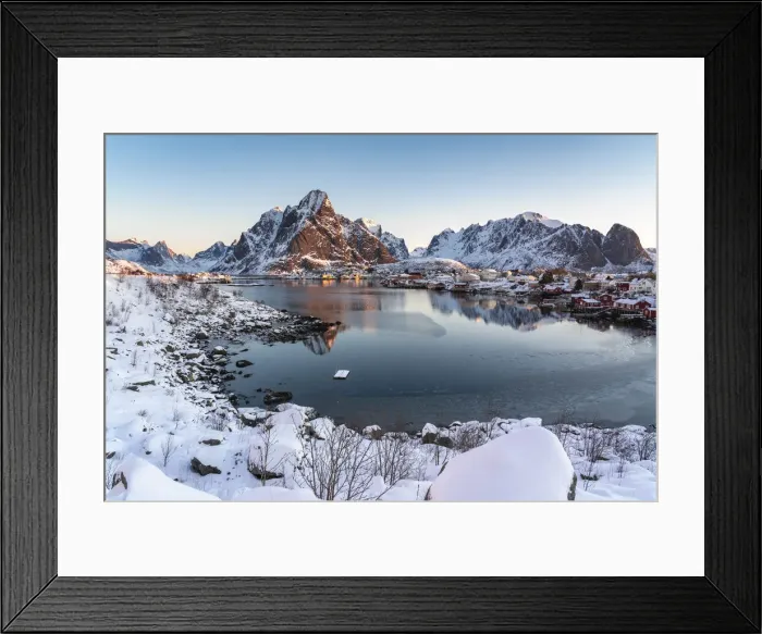 Framed Print : Reine fjord at dawn, with Olstinden, Lilandstinden and Festheltinden peaks in winter