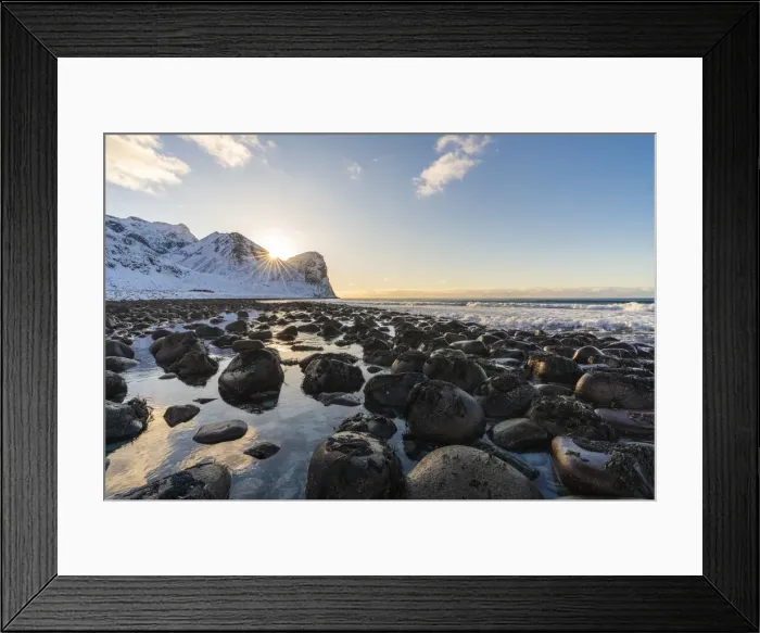 Framed Print : The sun is setting behind Helligberget peak at Unstad Beach. Vestvagoy municipality Framed Print : The sun is setting behind Helligberget peak at Unstad Beach. Vestvagoy municipality