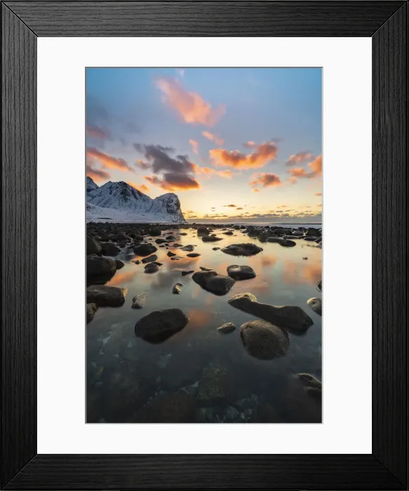 Framed Print : Sunset at Unstad Beach in winter. Vestvagoy municipality, Nordland county, Northern Framed Print : Sunset at Unstad Beach in winter. Vestvagoy municipality, Nordland county, Northern
