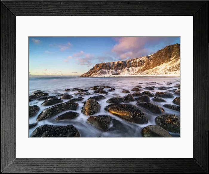 Framed Print : Unstad Beach with Kleivheia mountain in the background in winter at sunset Framed Print : Unstad Beach with Kleivheia mountain in the background in winter at sunset