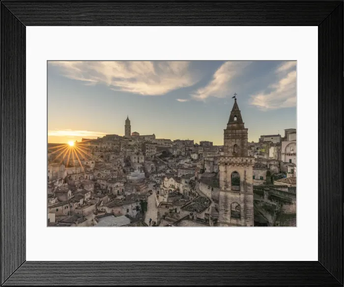 Framed Print : The Sassi quarter at dawn, with San Pietro Barisano bell tower in the foreground. Matera Framed Print : The Sassi quarter at dawn, with San Pietro Barisano bell tower in the foreground. Matera