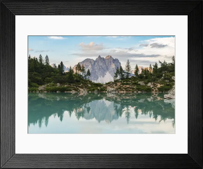 Framed Print : Reflection of Cadini di Misurina on Sorapis Lake in summer. Cortina d Ampezzo