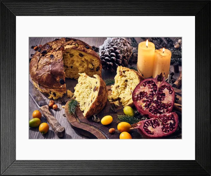 Framed Print : Traditional Italian Christmas cake with candles, pomegranate and winter fruits, panettone Framed Print : Traditional Italian Christmas cake with candles, pomegranate and winter fruits, panettone