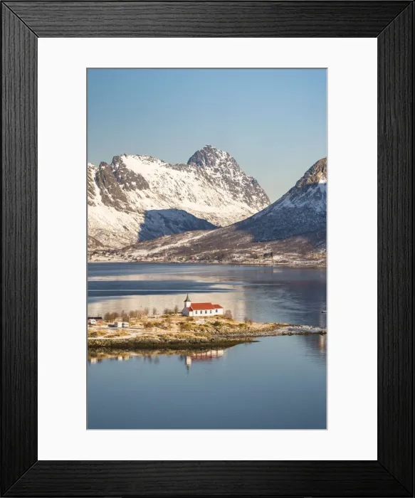 Framed Print : Sildpollnes church with snowcapped mountains in the background Framed Print : Sildpollnes church with snowcapped mountains in the background