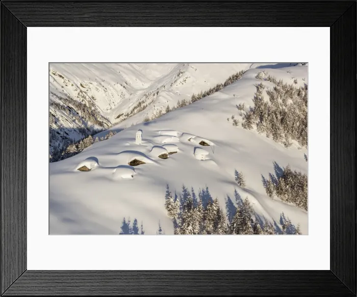 Framed Print : Italy, Italian Alps, Lombardy, The huts and the bell tower of Alpe Cima sorrounded Framed Print : Italy, Italian Alps, Lombardy, The huts and the bell tower of Alpe Cima sorrounded
