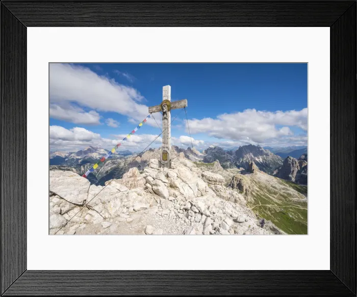 Framed Print : Wooden cross on top of Mount Paterno and surrounding landscape in summer. Sesto Dolomites Framed Print : Wooden cross on top of Mount Paterno and surrounding landscape in summer. Sesto Dolomites