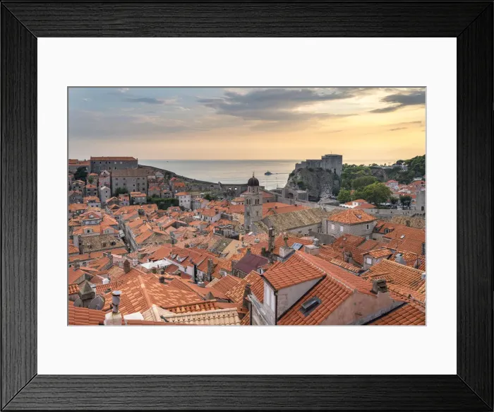 Framed Print : View of the old town at sunset, with Franciscan Monastery and Fort Lovrijenac. Dubrovnik Framed Print : View of the old town at sunset, with Franciscan Monastery and Fort Lovrijenac. Dubrovnik