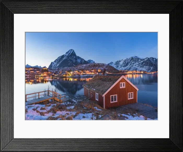 Framed Print : Traditional fishermen house above Reine Bay at dusk in winter. Reine, Nordland county Framed Print : Traditional fishermen house above Reine Bay at dusk in winter. Reine, Nordland county