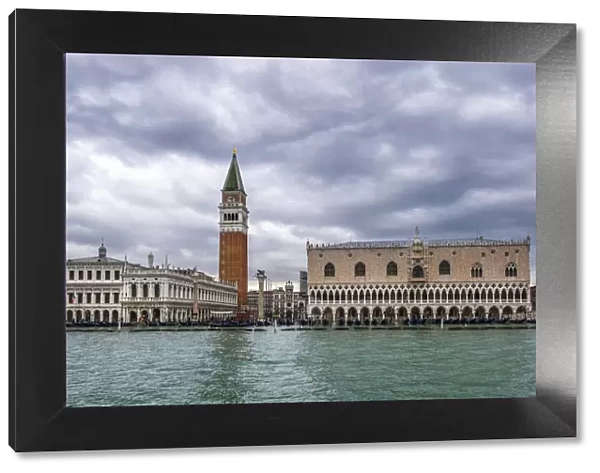 Italy, Veneto, Venice. Palazzo Ducale, San Marco bell tower, the Library and Procuratie