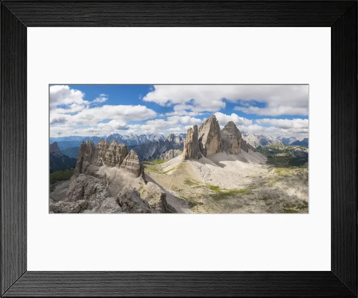 Framed Print : Panoramic view on the Three Peaks of Lavaredo from the summit of Mount Paterno, in summer