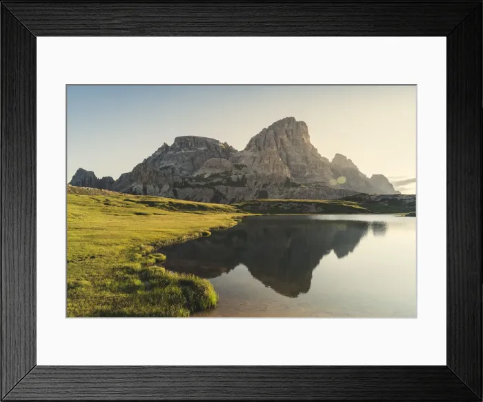 Framed Print : Reflection of Schusterplatte and Innichriedlknoten on the surface of Piani Lakes
