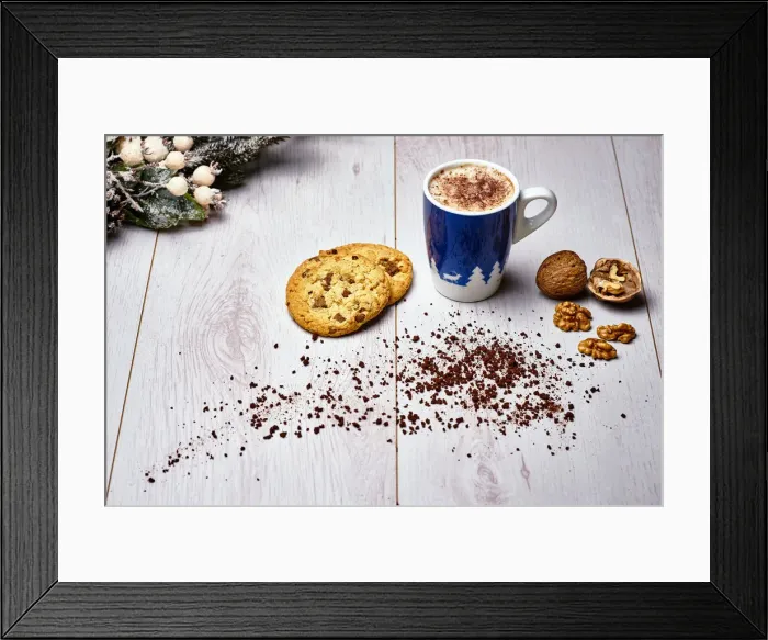 Framed Print : Italian cappuccino with cookies and walnuts on a white wooden table Framed Print : Italian cappuccino with cookies and walnuts on a white wooden table