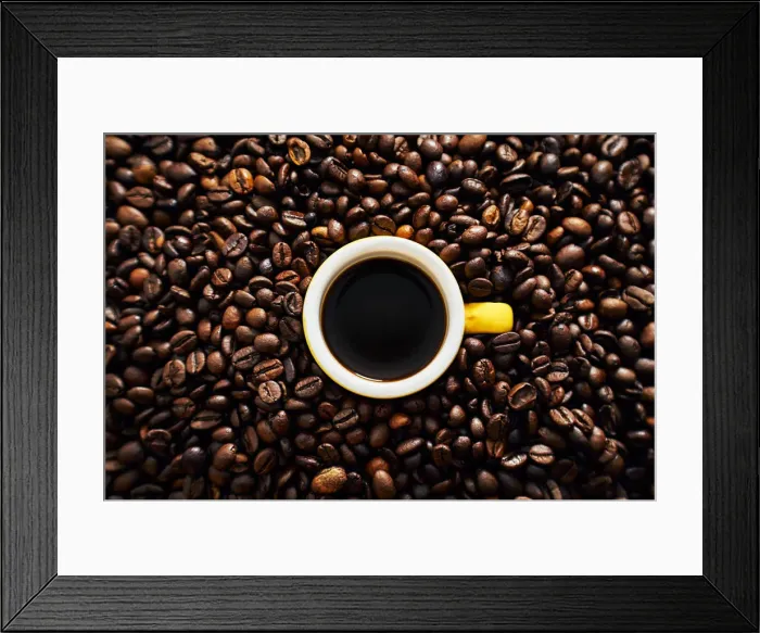 Framed Print : Yellow cup of coffee with coffee beans Framed Print : Yellow cup of coffee with coffee beans