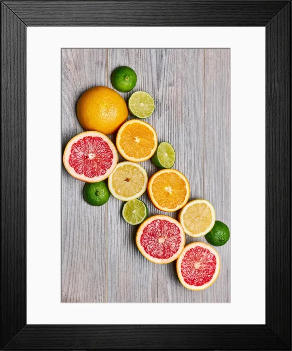 Framed Print : Top view of citrus fruits on white wooden table Framed Print : Top view of citrus fruits on white wooden table
