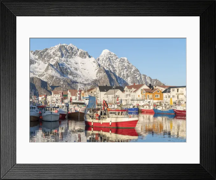 Framed Print : Fishing boats in the harbour, with snowcapped mountains in the background. Henningsvaer Framed Print : Fishing boats in the harbour, with snowcapped mountains in the background. Henningsvaer