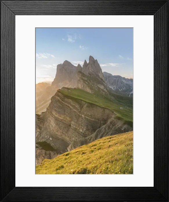 Framed Print : Seceda peaks at dawn in summer. Ortisei, Bolzano province, Trentino Alto Adige, Italy Framed Print : Seceda peaks at dawn in summer. Ortisei, Bolzano province, Trentino Alto Adige, Italy
