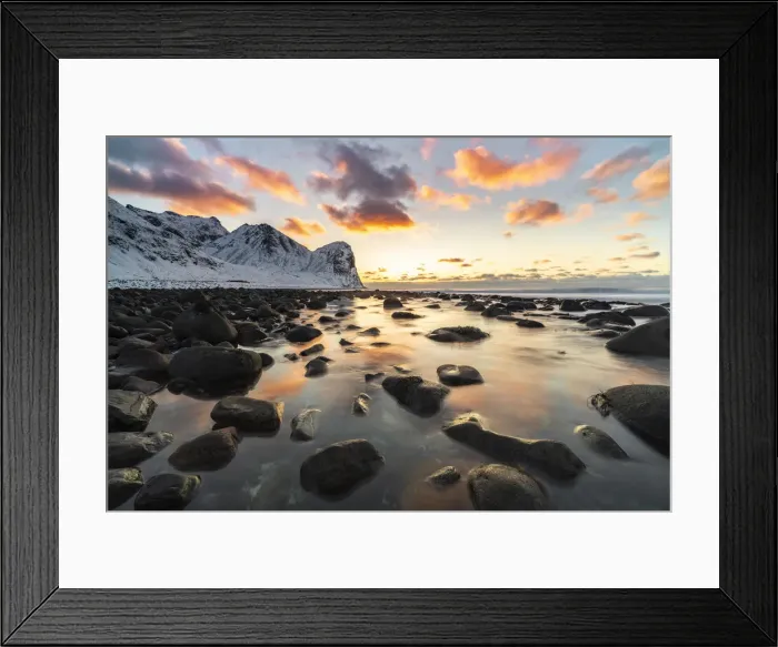 Framed Print : Sunset at Unstad Beach in winter. Vestvagoy municipality, Nordland county, Northern Framed Print : Sunset at Unstad Beach in winter. Vestvagoy municipality, Nordland county, Northern