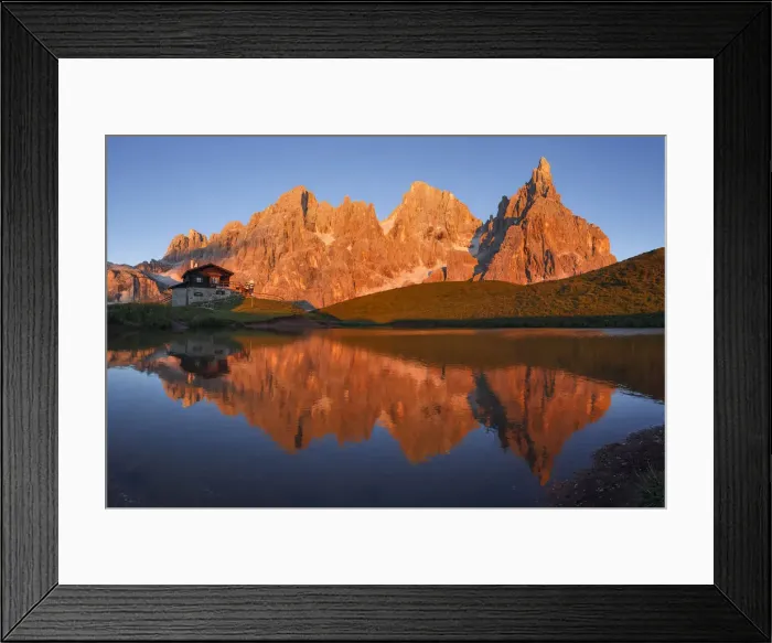 Framed Print : Enrosadira on Pale di San Martino Dolomites reflecting on the lake of Segantini hut Framed Print : Enrosadira on Pale di San Martino Dolomites reflecting on the lake of Segantini hut