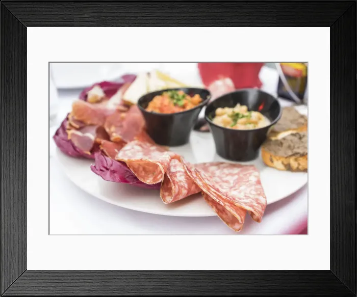 Framed Print : Florence, Tuscany, Italy. Dinner with salame, tomato souce Framed Print : Florence, Tuscany, Italy. Dinner with salame, tomato souce