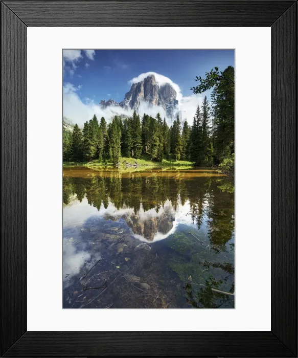 Framed Print : Falzarego Pass, Veneto, Italy. The lake Bai de Dones reflects with Tofana di Rozes Framed Print : Falzarego Pass, Veneto, Italy. The lake Bai de Dones reflects with Tofana di Rozes