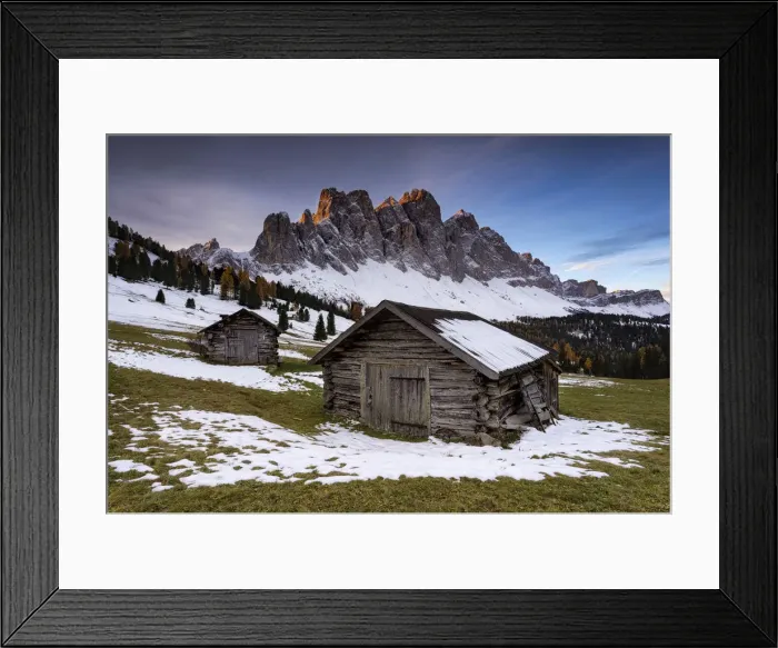 Framed Print : First light on the peaks with huts. Val di Funes, Trentino Alto Adige, Italy Framed Print : First light on the peaks with huts. Val di Funes, Trentino Alto Adige, Italy