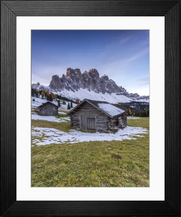 Framed Print : Huts with Odle on the background. Val di Funes, Trentino Alto Adige, Italy Framed Print : Huts with Odle on the background. Val di Funes, Trentino Alto Adige, Italy