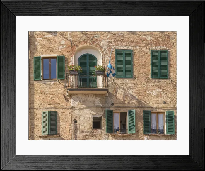 Framed Print : Siena, Tuscany, Italy, Europe. A contrada flag on a balcony Framed Print : Siena, Tuscany, Italy, Europe. A contrada flag on a balcony