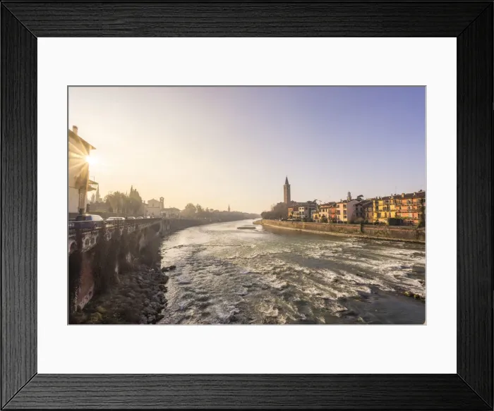 Framed Print : Verona, Italy, Europe. Sunrise from Ponte Pietra with Adige river Framed Print : Verona, Italy, Europe. Sunrise from Ponte Pietra with Adige river