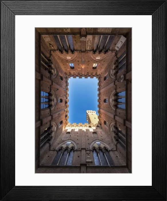Framed Print : Siena, Tuscany, Italy, Europe. Classic bottom view of Palazzo Pubblico with Del Framed Print : Siena, Tuscany, Italy, Europe. Classic bottom view of Palazzo Pubblico with Del