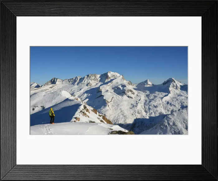 Framed Print : Ski mountaineers with Grand Paradiso on background (from Entrelor summit), Rhemes Valley Framed Print : Ski mountaineers with Grand Paradiso on background (from Entrelor summit), Rhemes Valley