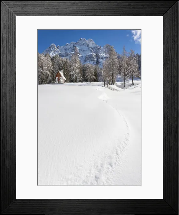 Framed Print : Europe, Italy, Veneto, Belluno. Little church at Duran pass with San Sebastiano mountain