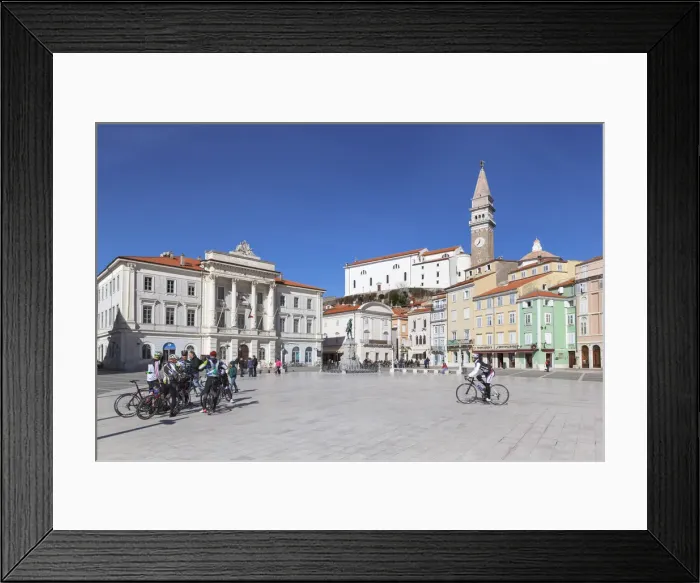 Framed Print : Europe, Slovenia, Istria, Piran. Tourists and bikers in Tartini square Framed Print : Europe, Slovenia, Istria, Piran. Tourists and bikers in Tartini square