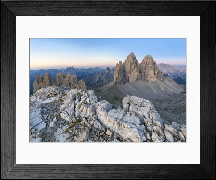 Framed Print : Sunrise from the top of mount Paterno / Paternkofel towards Tre Cime di Lavaredo Framed Print : Sunrise from the top of mount Paterno / Paternkofel towards Tre Cime di Lavaredo