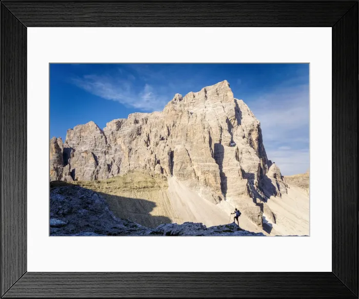 Framed Print : South Tyrol, Sexten, Bolzano. Hiker in silhouette in front of the north east wall Framed Print : South Tyrol, Sexten, Bolzano. Hiker in silhouette in front of the north east wall