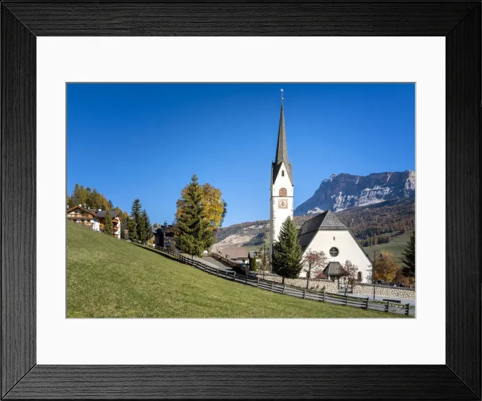 Framed Print : Church of Stern or La Villa in front of the Heiligkreuzkofel, Abtei or Badia, Gadertal Framed Print : Church of Stern or La Villa in front of the Heiligkreuzkofel, Abtei or Badia, Gadertal
