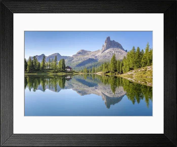 Framed Print : Morning reflection in the quiet water of Federa lake in summer, Cortina d Ampezzo