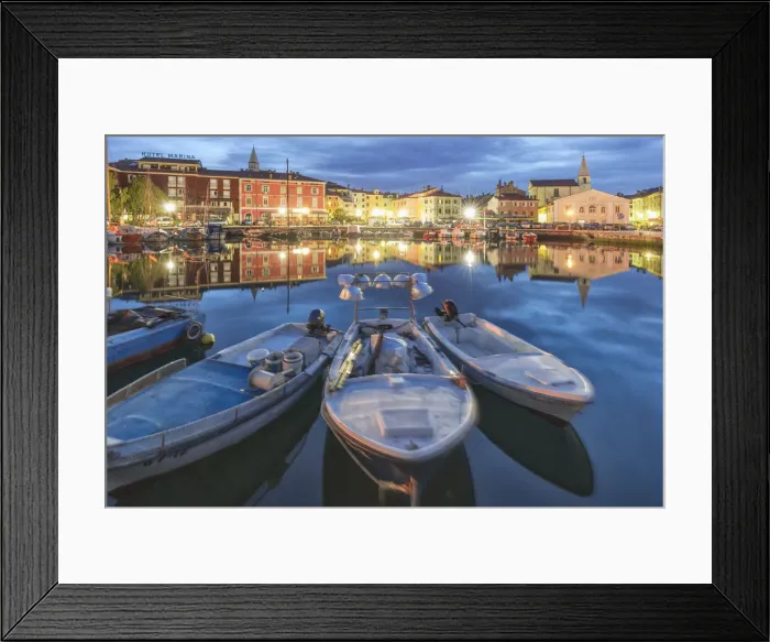 Framed Print : Europe, Slovenia, Primorska, Izola. Old town and the harbour with fishing boats at dusk Framed Print : Europe, Slovenia, Primorska, Izola. Old town and the harbour with fishing boats at dusk