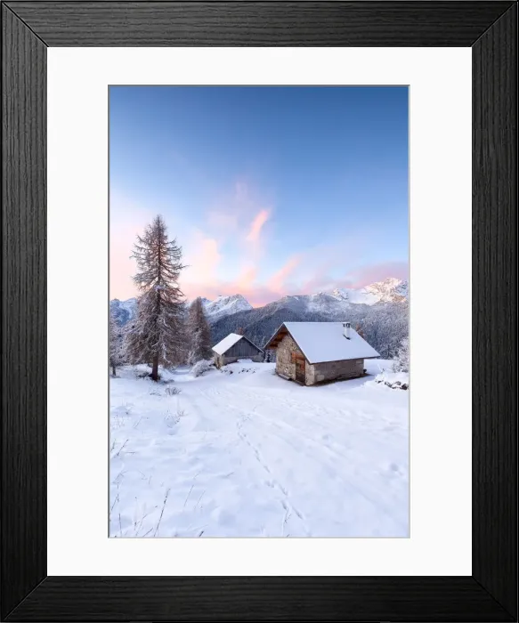 Framed Print : Europe, Italy, Veneto, Belluno, Dolomites. Mountain chalets in a colorful winter sunrise Framed Print : Europe, Italy, Veneto, Belluno, Dolomites. Mountain chalets in a colorful winter sunrise