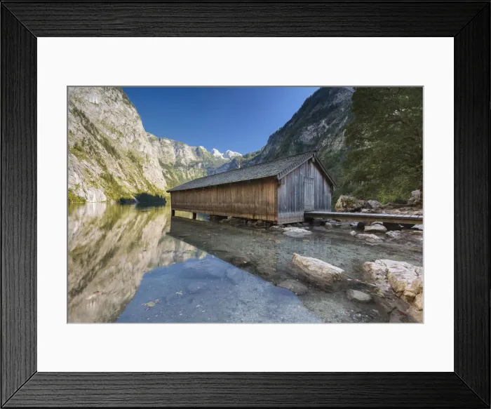 Framed Print : Europe, Germany, Bavaria, Berchtesgaden. Boat dock hangar on Obersee alpine lake in Framed Print : Europe, Germany, Bavaria, Berchtesgaden. Boat dock hangar on Obersee alpine lake in