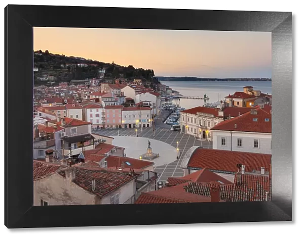 Europe, Slovenia, Istria, Piran. View on Tartini Square and the city center at dusk