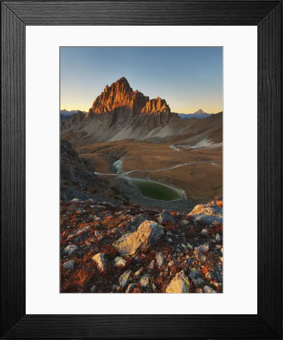 Framed Print : Sunset in mountains landscape, with Rocca la Meja peak, and an alpines lake Framed Print : Sunset in mountains landscape, with Rocca la Meja peak, and an alpines lake